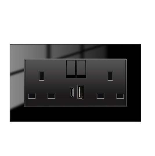 Black Double Wall Socket with USB Type C and Type A - Framed Finish