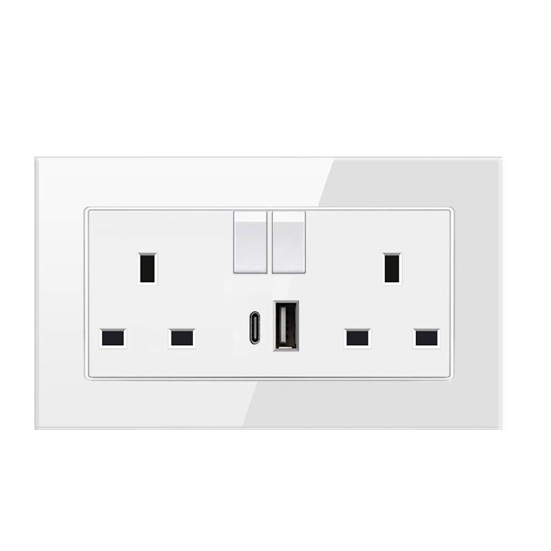 White Double Wall Socket with USB Type C and Type A - Framed Finish