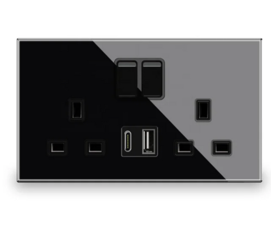 Black Double Wall Socket with USB Type C and Type A - Flush Finish